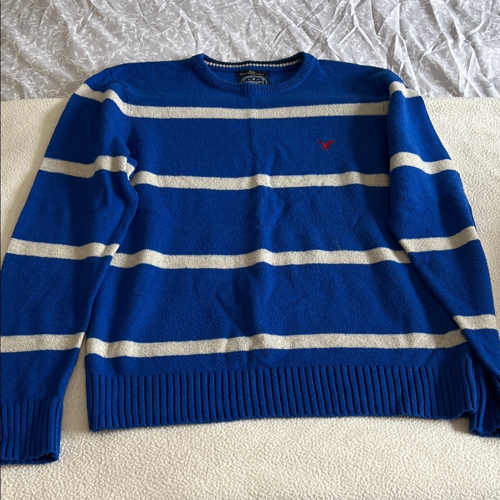 American Eagle Outfitters Royal Blue and Cream Crewneck Sweater